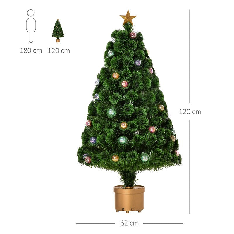 HOMCOM 4FT Prelit Artificial Christmas Tree with Fibre Optics, Baubles Decoration, Golden Pot for Holiday, Home - Green