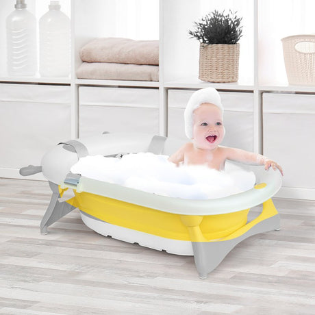 HOMCOM Foldable Baby Bathtub Set, Collapsible Bath Tub with Thermostatic Water Plug, Non-Slip Support, Cushion Pad, Drain Plugs, for Newborn to 3 Years - Yellow