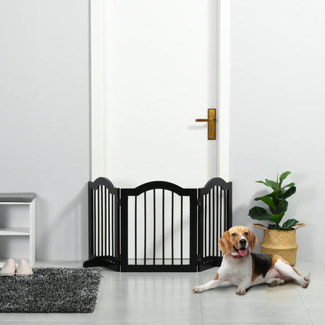 PawHut Freestanding Pet Gate Wooden Dog Gate with Support Feet Foldable Pet Fence Safety Barrier for the House Doorway Stairs Black
