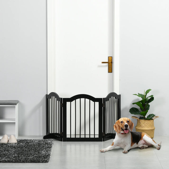 PawHut Freestanding Pet Gate Wooden Dog Gate with Support Feet Foldable Pet Fence Safety Barrier for the House Doorway Stairs Black