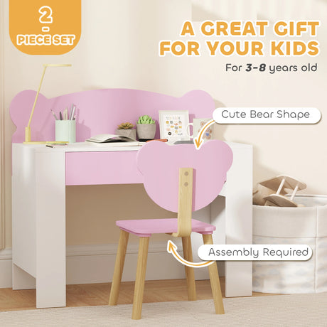 AIYAPLAY Kids Desk and Chair Set with Drawer for Drawing, Reading, Bear Theme Children Furniture for Bedroom, Daycare, Pink