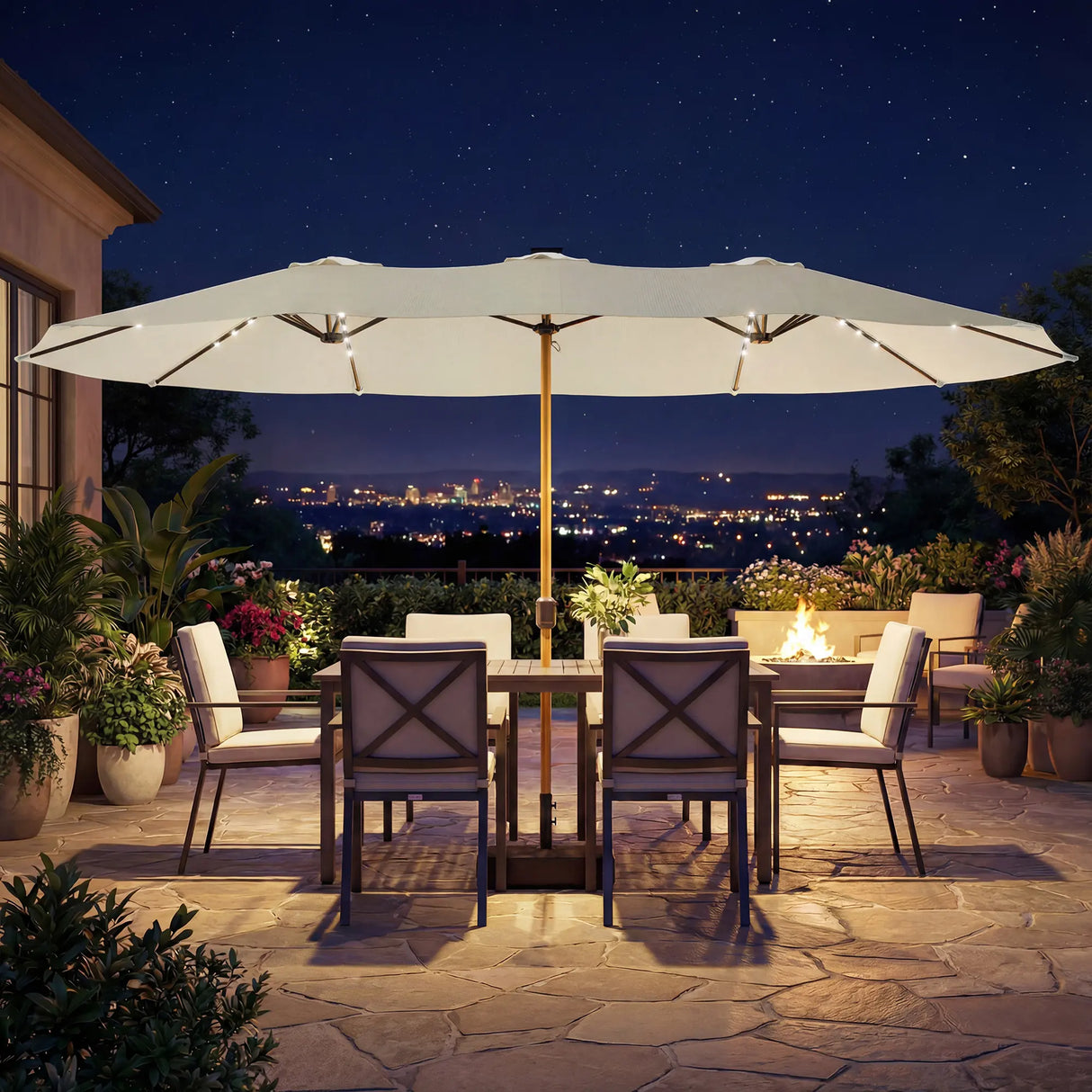 Outsunny Double Sided Garden Parasol with Base Included & 48 Solar LED Lights Patio Umbrella Crank Handle 4.6m Cream White