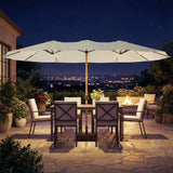 Outsunny Double Sided Garden Parasol with Base Included & 48 Solar LED Lights Patio Umbrella Crank Handle 4.6m Cream White