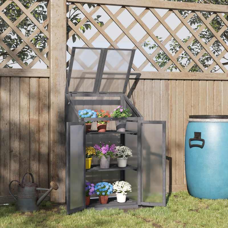 Outsunny Wooden Cold Frame Polycarbonate Greenhouse with Openable Top Cover and Double Door, Grow House for Flower, Vegetable and Plants, 70 x 50 x 120cm, Grey