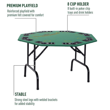 HOMCOM 8 Player Folding Games Poker Table with Chip Cup Holder Steel Base Felt Top Octagon Blackjack Green