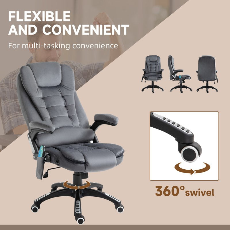 Vinsetto Massage Recliner Chair Heated Office Chair with Six Massage Points Velvet-Feel Fabric 360 Swivel Wheels Grey