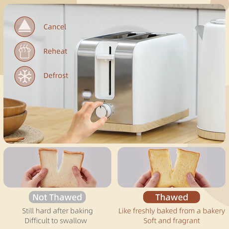 HOMCOM Stainless Steel Kettle and Toaster Set, 1.7L 3000W Fast Boil Kettle & 2 Slice Toaster Kitchen Set with 7 Level Browning Controls, Defrost, Reheat, Auto Off, Boil-dry Protection, White