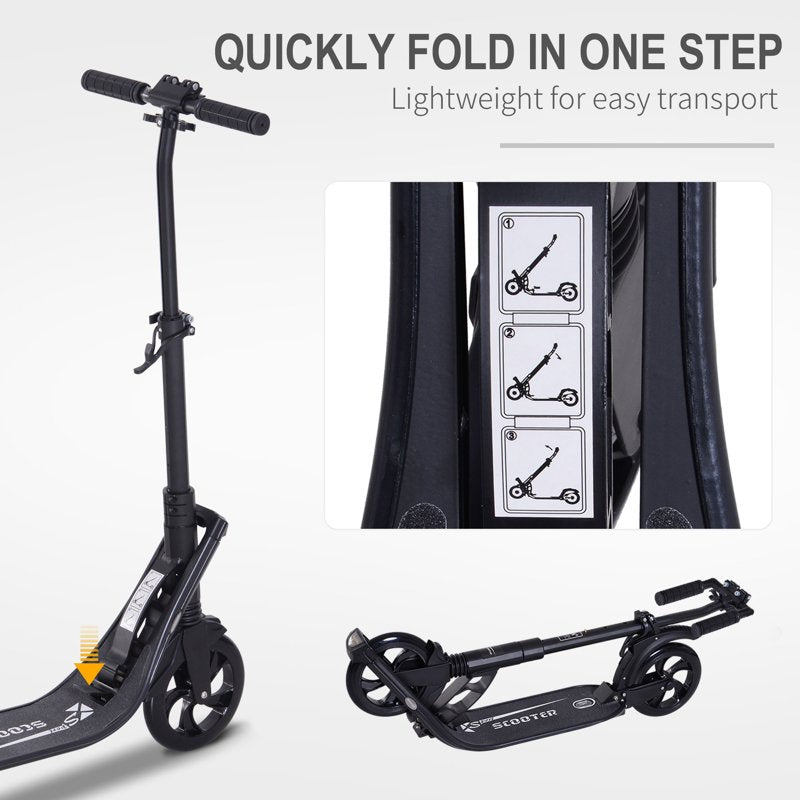 HOMCOM Folding Kick Scooter Hight-Adjustable Urban Scooter w/ Rear Brake, Double Shock Absorption System & 2 Big Wheels, For 14+ Teens Adult, Black