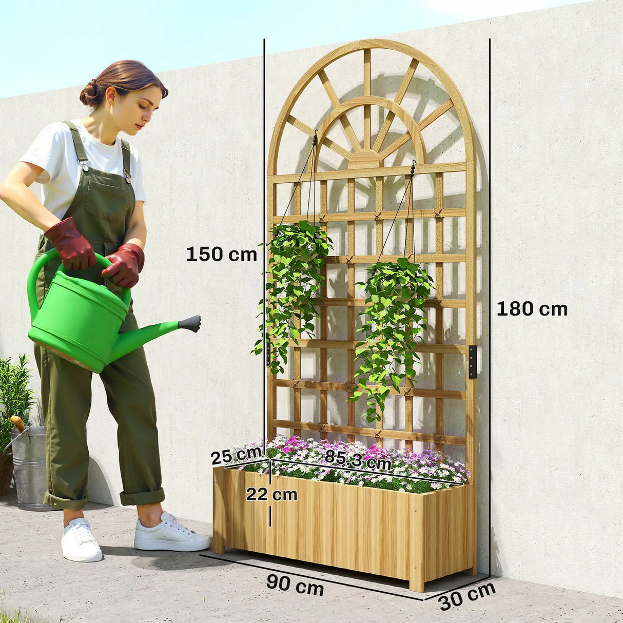 Outsunny Wooden Raised Planter with Trellis, Raised Bed for Garden with Lattice and Drainage Holes for Climbing Plants