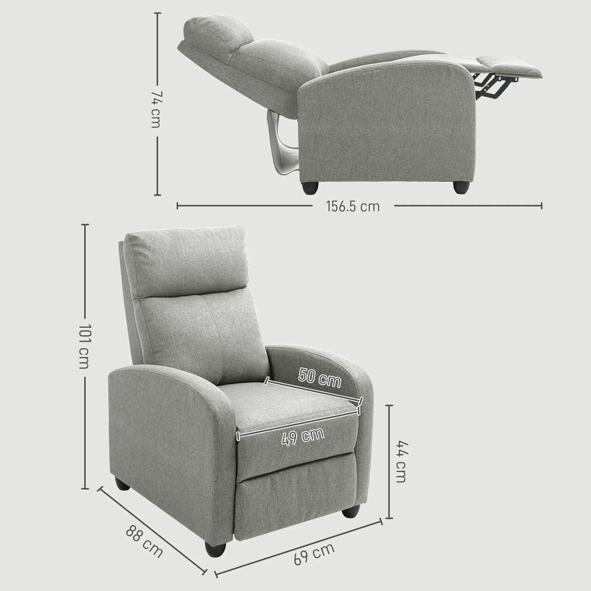 HOMCOM 135 Push Back Recliner Armchair, with Footrest - Grey