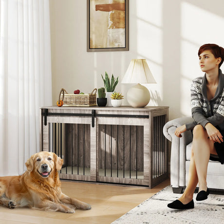 PawHut 46.46'' Dog Crate Furniture with Removable Cushion & Security Latch for Extra Large Dogs - Walnut Brown