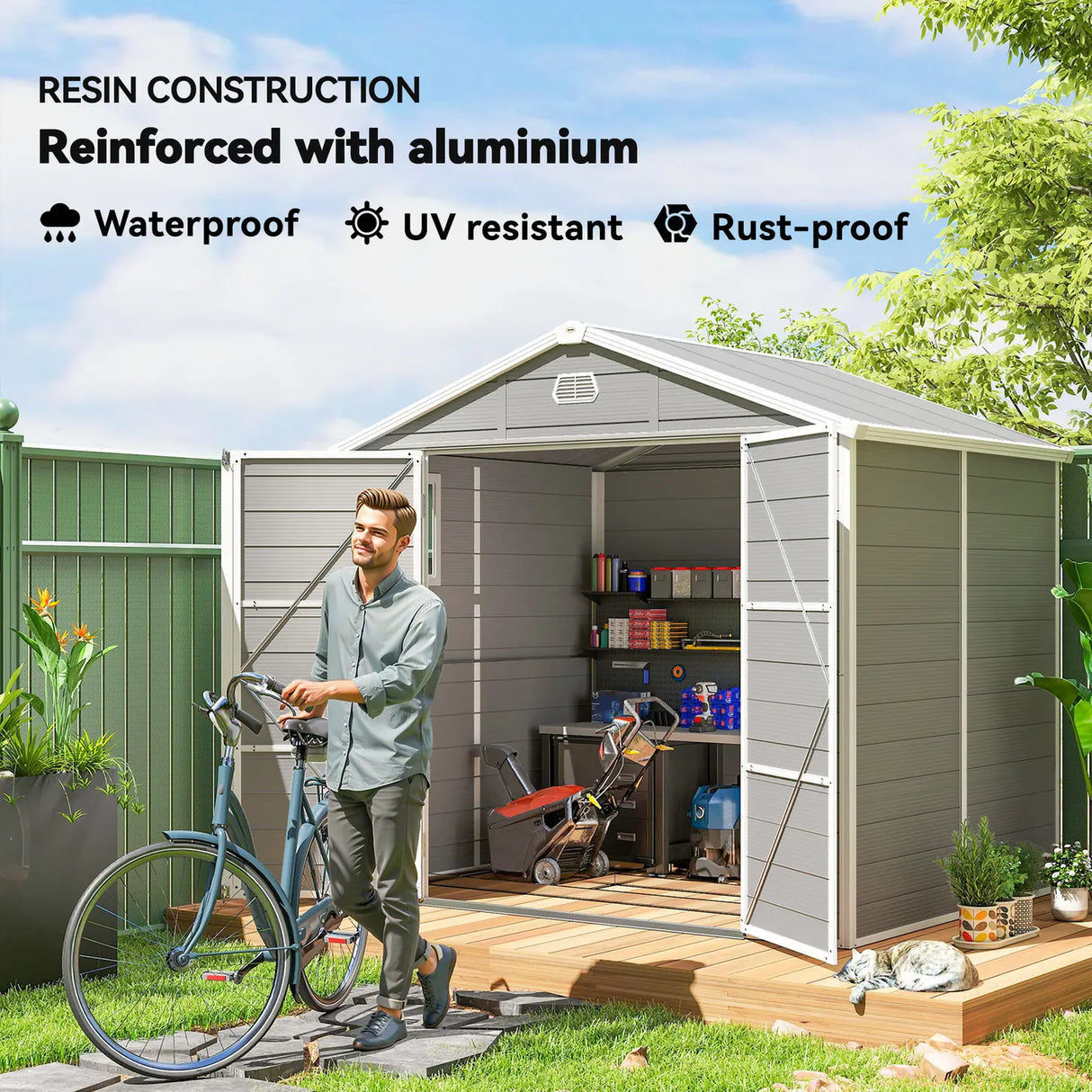 Outsunny 7.9ft x 6.2ft Aluminium Frame and Plastic Wall Shed, with Foundation - Light Grey
