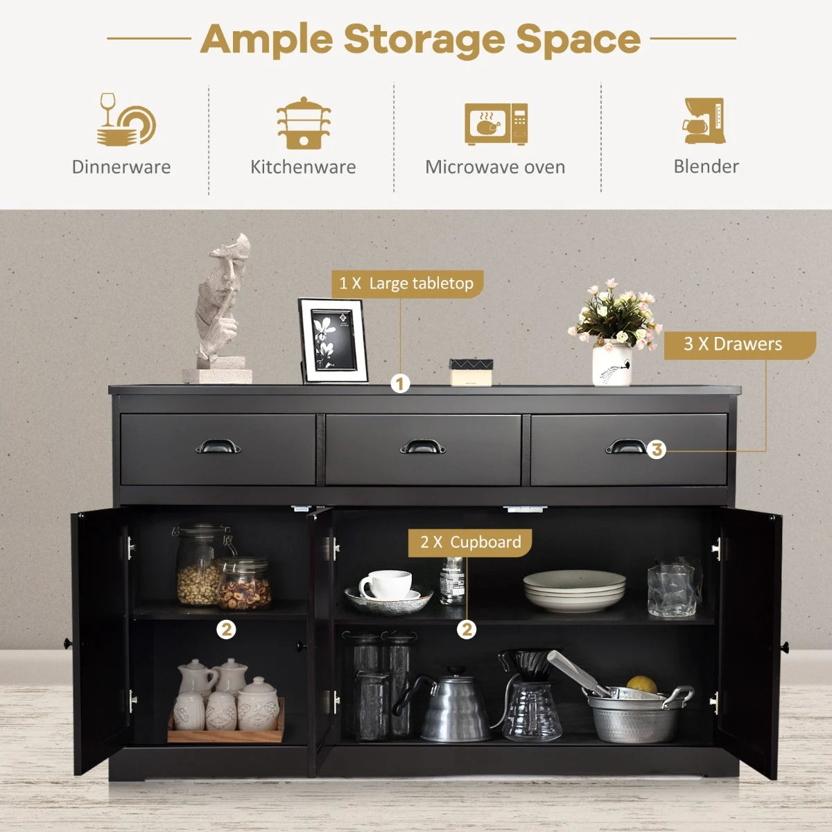 136 cm x 42.5 cm Sideboard Cabinet with 2 Cabinets and 3 Drawers-Brown