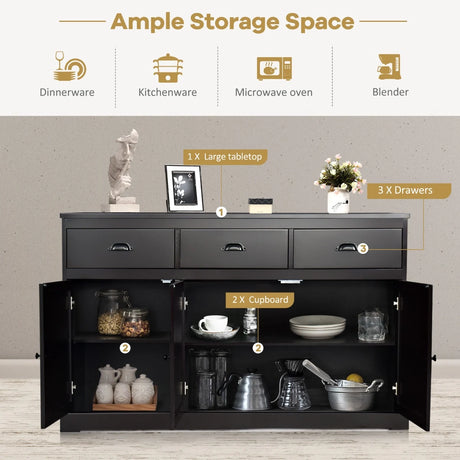 136 cm x 42.5 cm Sideboard Cabinet with 2 Cabinets and 3 Drawers-Brown