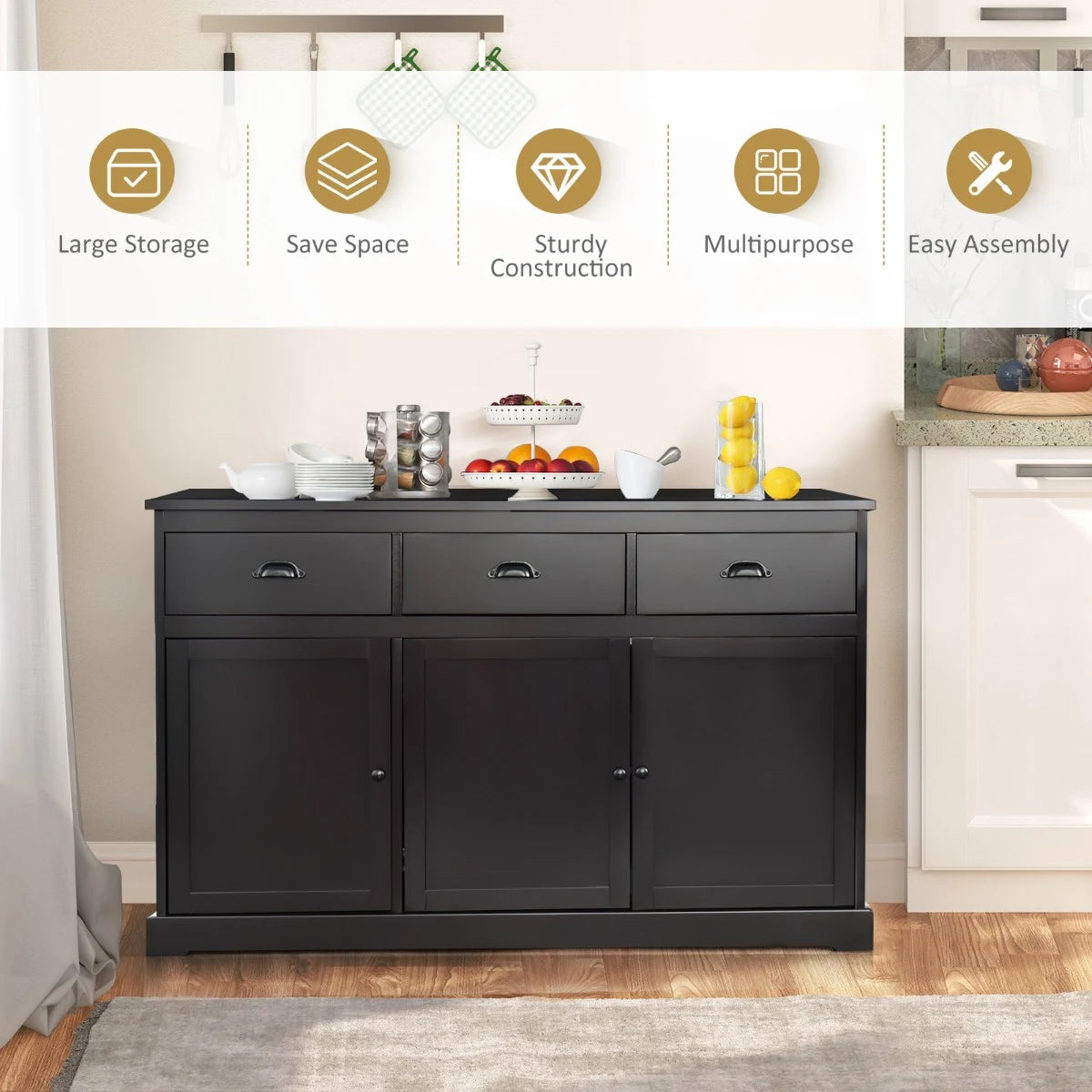 136 cm x 42.5 cm Sideboard Cabinet with 2 Cabinets and 3 Drawers-Brown