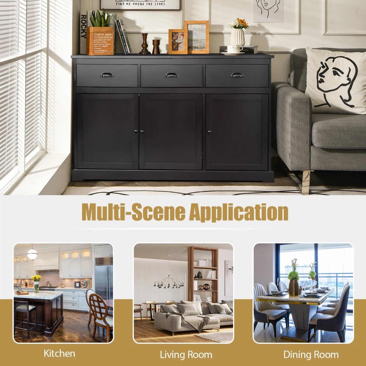 136 cm x 42.5 cm Sideboard Cabinet with 2 Cabinets and 3 Drawers-Brown