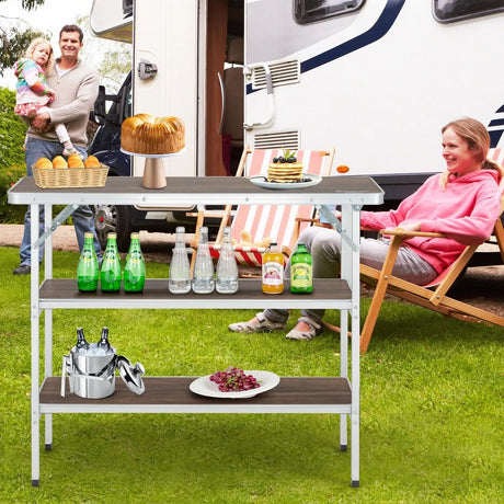 Portable Folding Camping Table with 2-Tier Open Shelves for Picnic, Barbecue, Outdoor Party-Coffee