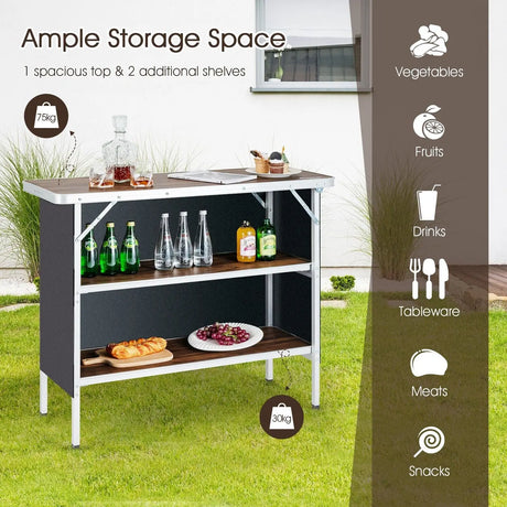 Portable Folding Camping Table with 2-Tier Open Shelves for Picnic, Barbecue, Outdoor Party-Coffee