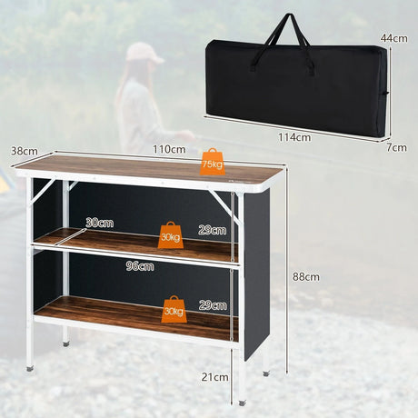 Portable Folding Camping Table with 2-Tier Open Shelves for Picnic, Barbecue, Outdoor Party-Coffee