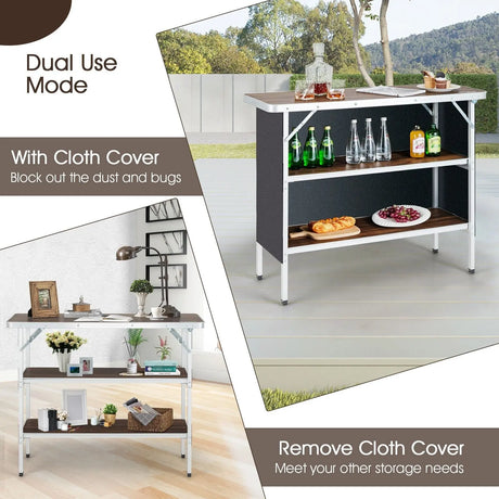 Portable Folding Camping Table with 2-Tier Open Shelves for Picnic, Barbecue, Outdoor Party-Coffee