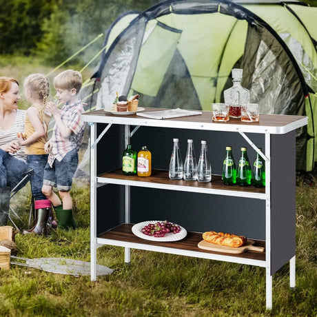 Portable Folding Camping Table with 2-Tier Open Shelves for Picnic, Barbecue, Outdoor Party-Coffee
