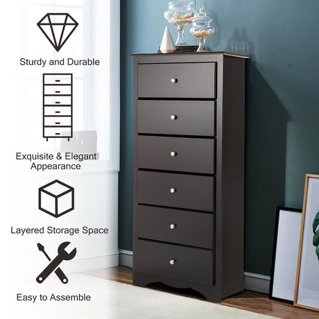 6 Drawer Chest with Mental Knobs for Living Room-Brown