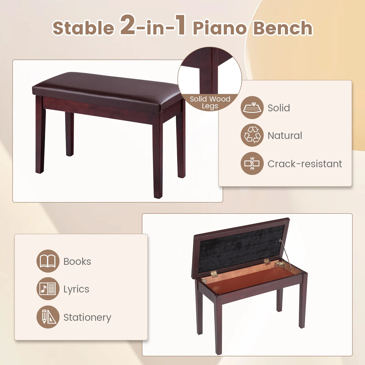 Solid Wood PU Leather Padded Piano Bench Keyboard Seat-Brown