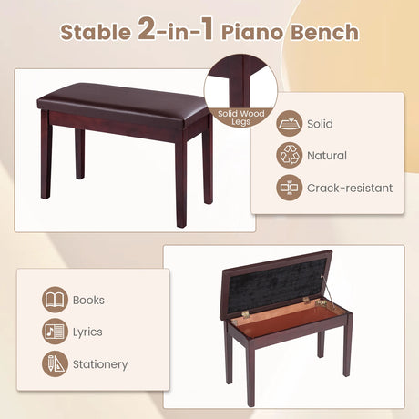 Solid Wood PU Leather Padded Piano Bench Keyboard Seat-Brown