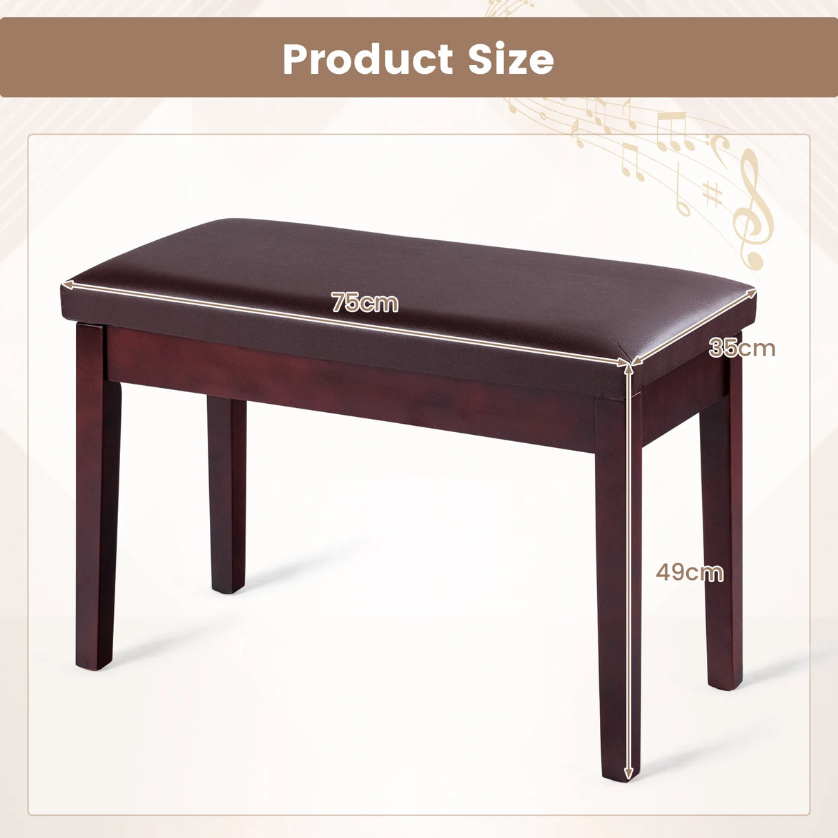 Solid Wood PU Leather Padded Piano Bench Keyboard Seat-Brown