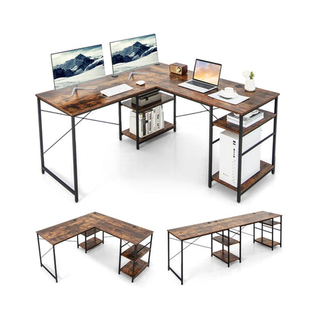151CM Convertible L-shaped Computer Desk with 4 Storage Shelves for Home Office-Brown