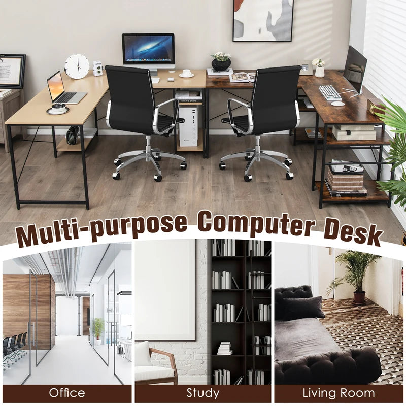 151CM Convertible L-shaped Computer Desk with 4 Storage Shelves for Home Office-Brown