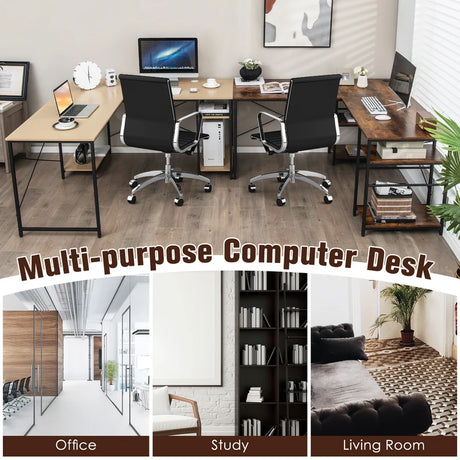 151CM Convertible L-shaped Computer Desk with 4 Storage Shelves for Home Office-Brown