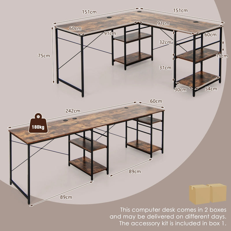 151CM Convertible L-shaped Computer Desk with 4 Storage Shelves for Home Office-Brown