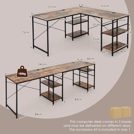 151CM Convertible L-shaped Computer Desk with 4 Storage Shelves for Home Office-Brown