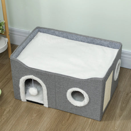 PawHut Cat Bed for Indoor Pets, Foldable Cat House with Fluffy Ball and Scratch Pad for Small and Medium Pets, Grey