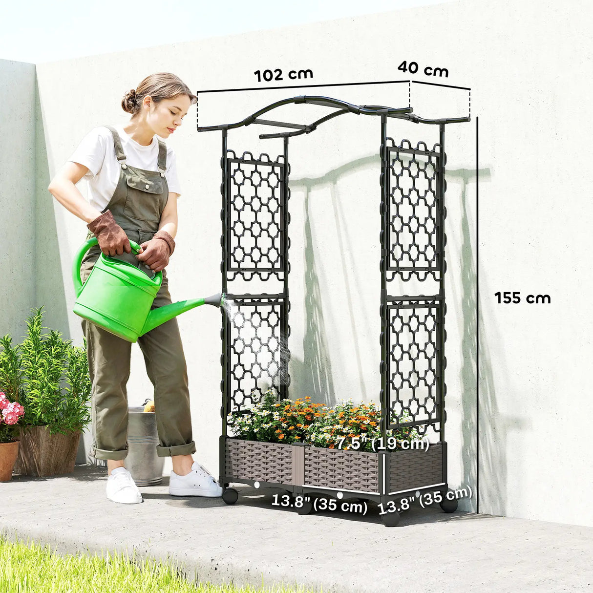 Outsunny Raised Garden Bed with Arch Trellis, Raised Bed for Garden on Wheels with Side Trellis, Self Watering Planter Box