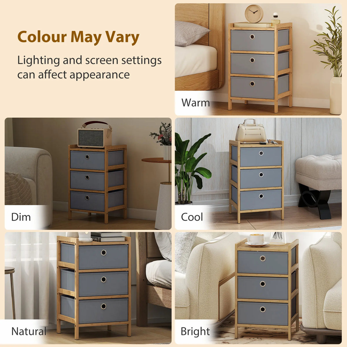 HOMCOM Chest of Drawers, 3 Fabric Drawers Narrow Dresser with Bamboo Frame, Light Grey