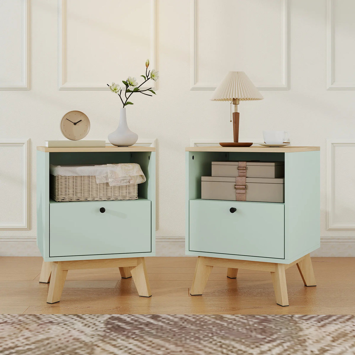 HOMCOM Modern Nightstand Set of 2, Bedside Table with Drawer and Open Shelf, Side End Table for Bedroom, Light Green