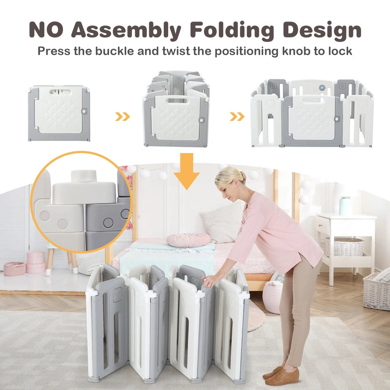 14 Panels Kids Safety Activity Play Center with Drawing Board-Gray