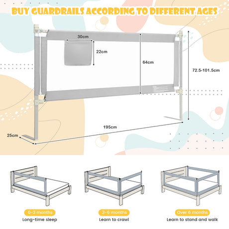 76.8 Inch Baby Bed Rail with Double Safety Child Lock-Gray