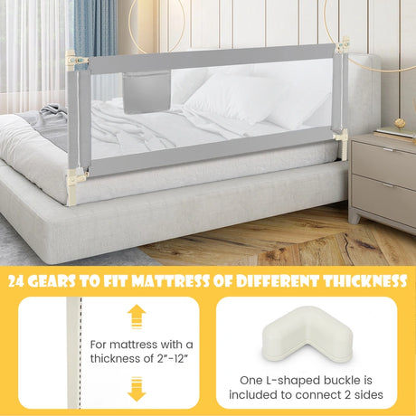 76.8 Inch Baby Bed Rail with Double Safety Child Lock-Gray