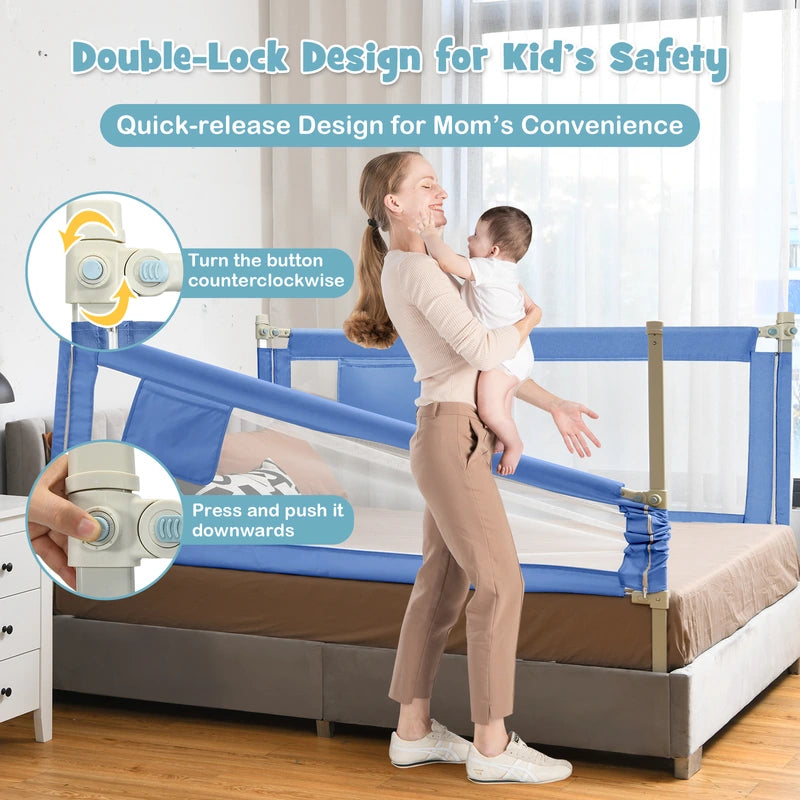 69.5 Inches Toddler Bedrail with Anti-Collision Cotton and Side Pocket-Blue