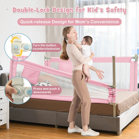 69.5 Inches Toddler Bedrail with Anti-Collision Cotton and Side Pocket-Pink