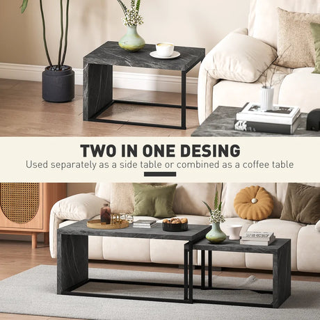 HOMCOM Coffee Tables Set of 2, Industrial Nest of Tables with Metal Frame for Living Room Bedroom, Dark Grey Marble Effect
