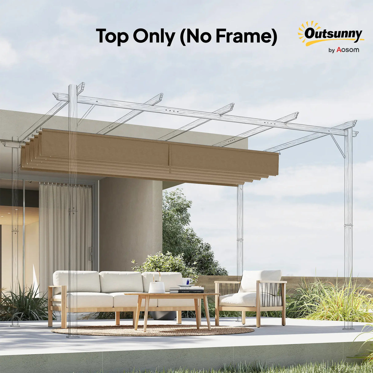 Outsunny Retractable Pergola Cover, 3.5 x 2.6 m Replacement Canopy Fabric for 4 x 3 m Frame, Roof Top Only, Tan