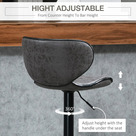 HOMCOM Adjustable Bar Stools Set of 2, Swivel Leathaire Upholstered Barstools with Large Seat, Breakfast Bar Chairs with Back, Footrest and Steel Base, Dark Grey