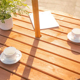 Outsunny 6 Seater Wooden Picnic Table and Bench Set Round Patio Dining Set with 3 Benches and Umbrella Hole Outdoor Garden Park, Brownish Red