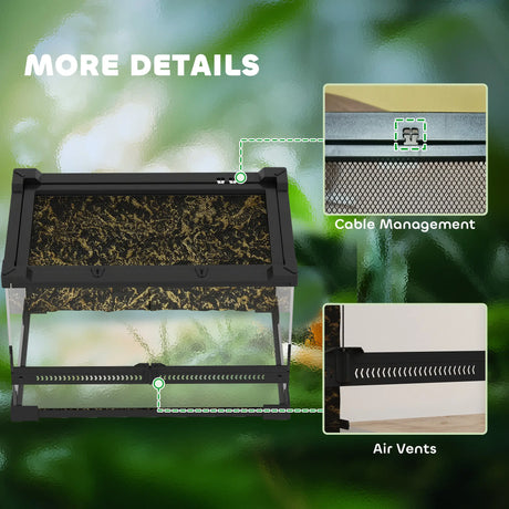 PawHut Reptile Glass Terrarium with Stone Background, Front Ventilation, Escape-Proof Knob Lock, 30 x 20 x 20 cm, Black