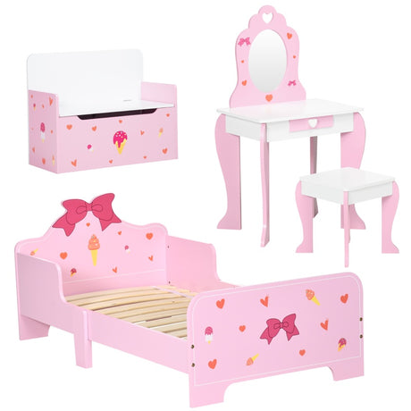 ZONEKIZ 4PCs Kids Bedroom Furniture Set with Bed, Toy Box Bench, Dressing Table and Stool, Princess Themed, for 3-6 Years Old, Pink