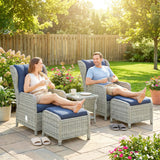 Outsunny 5 Piece Garden Furniture Set, Rattan Reclining Garden Chair Set of 2 with Footstool and Cushion for Balcony, Dark Blue